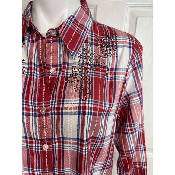 Alfred Dunner Women's Red Plaid 3/4 Sleeve Button Front Top Floral Beading 14P - Picture 3 of 10